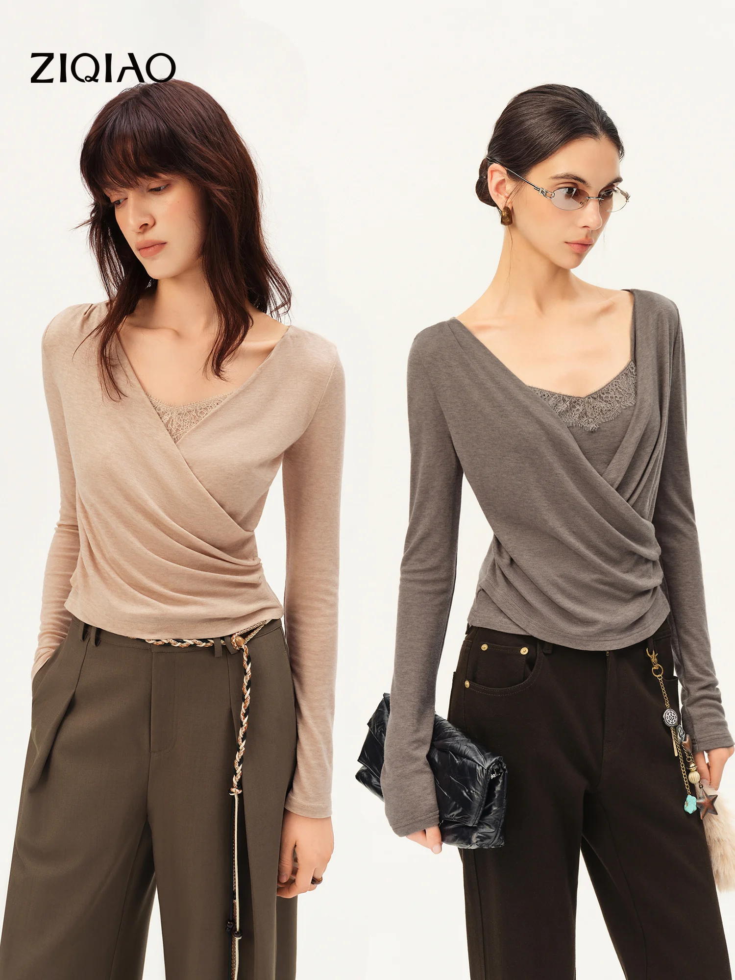 ZIQIAO Camiseta Casual de Manga Larga con Cuello en V Cruzado y Encaje de Lana para Mujer, Estilo Nuevo de Otoño 2026, Sexy y Ajustada para Chicas