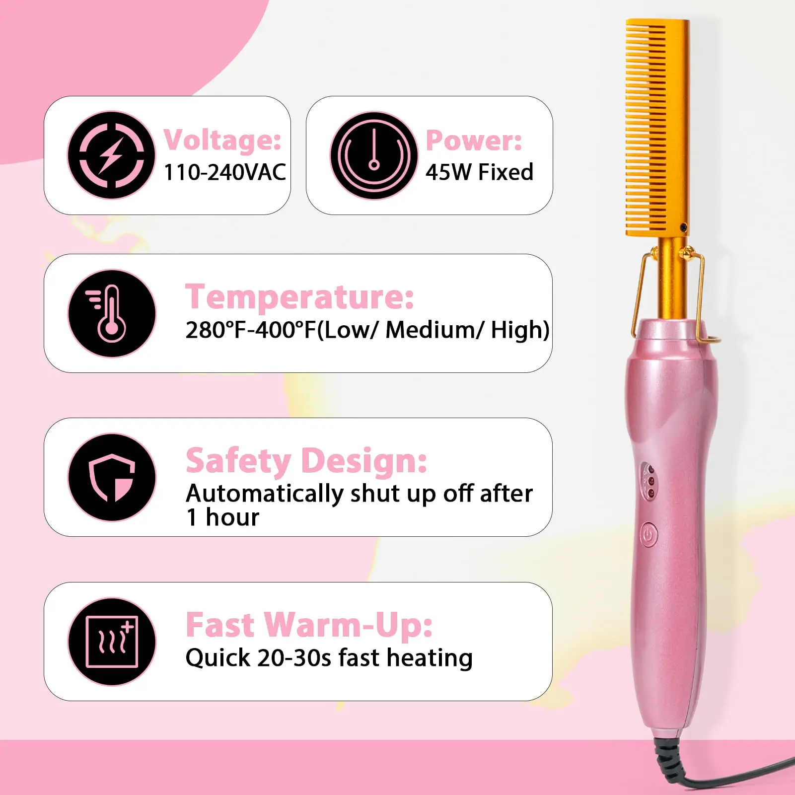 GOIPLE Set de Peine Eléctrico Calentado, 3 Ajustes de Calor, Peine de Prensado Dorado en Rosa Champán con Estilizado de Bordes y Accesorios para Pelucas