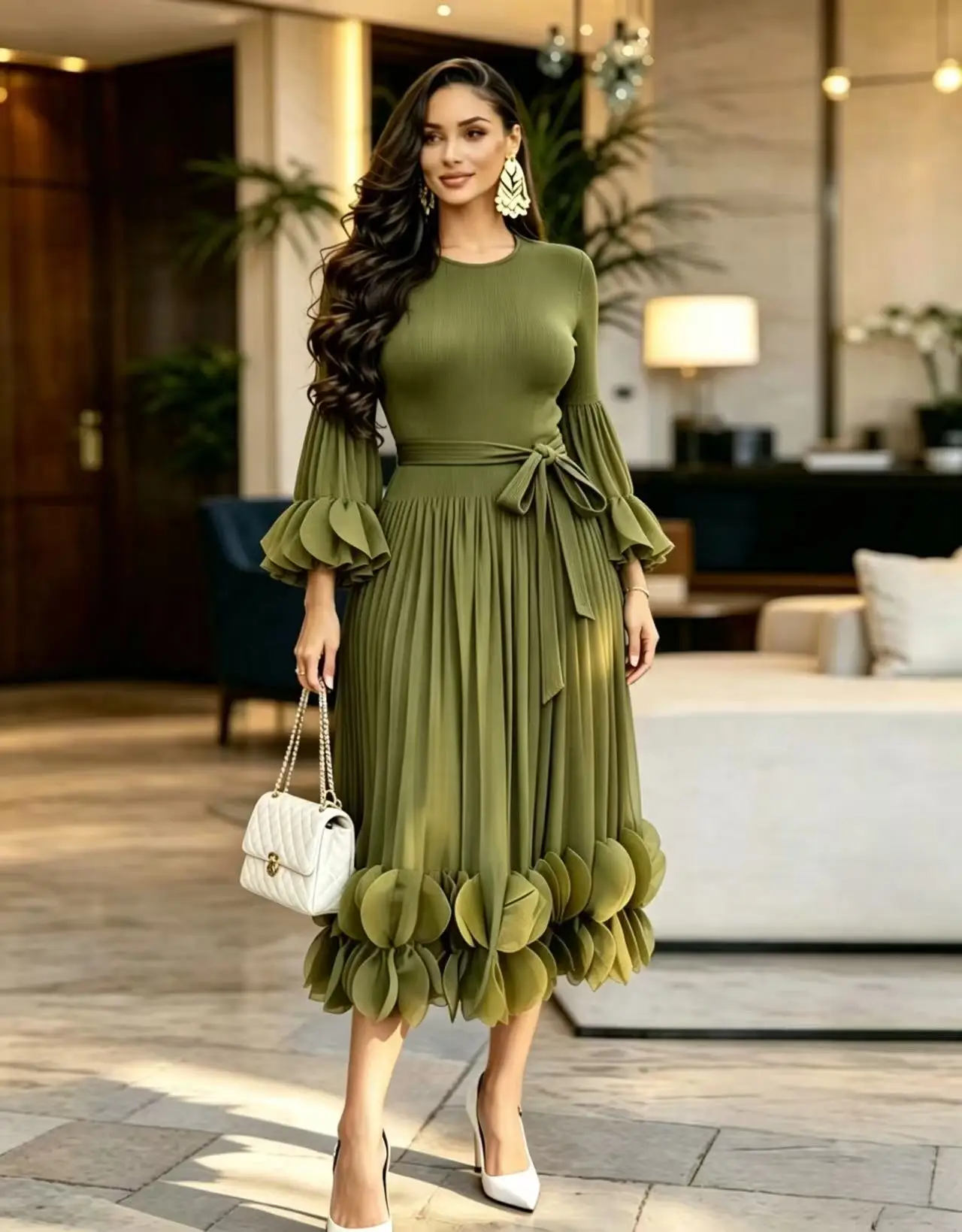 Vestido Largo de Verano para Mujer 2026 Miyake, de Lujo Ligero y Alta Gama, con Cuello Redondo, Diseño Plisado con Volantes y Borde Elegante