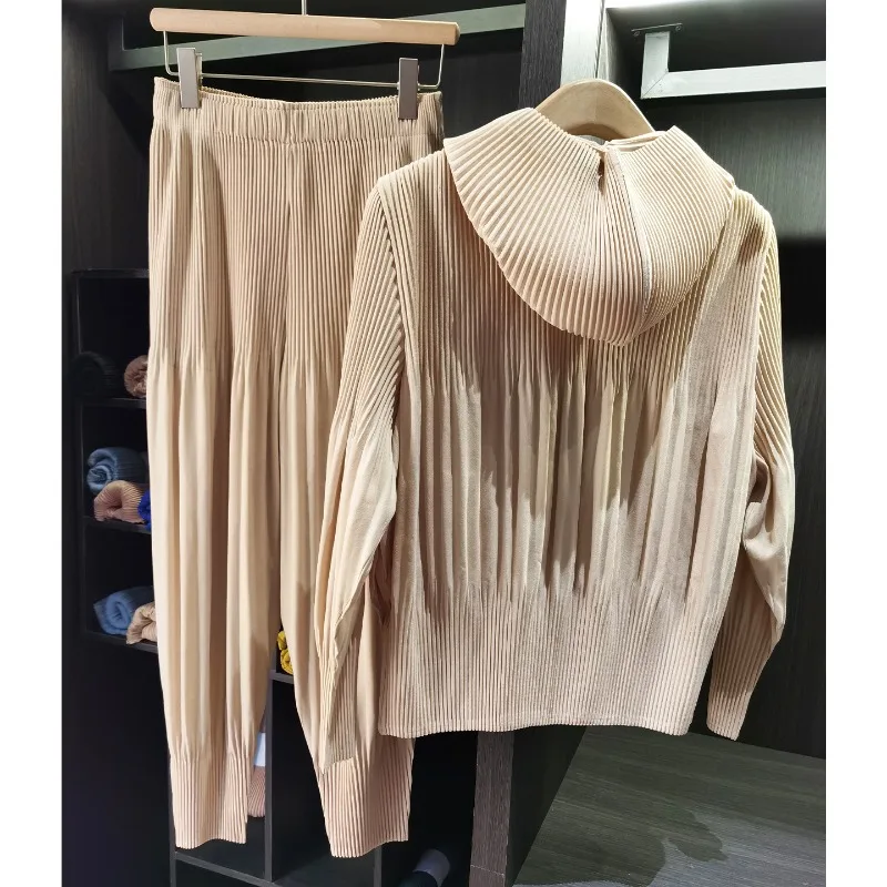 Conjunto de Chaqueta Plisada Miyake 2026 para Mujer, Chaqueta con Capucha Informal y Versátil, Pantalones Harlan Elásticos, Conjunto de 2 Piezas para el Día a Día