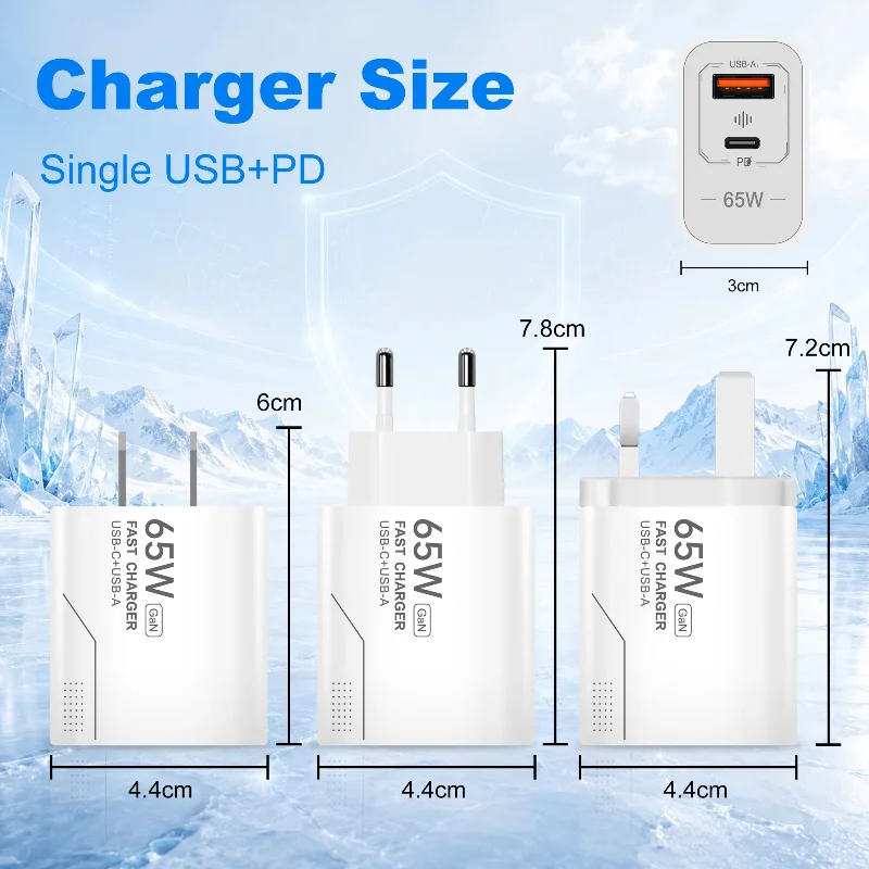 Cargador USB C Lenovo 65W GaN de 2 puertos con carga rápida para teléfono, adaptador de corriente para iPhone, Samsung, tipo C, enchufe europeo/estadounidense, cargador de pared
