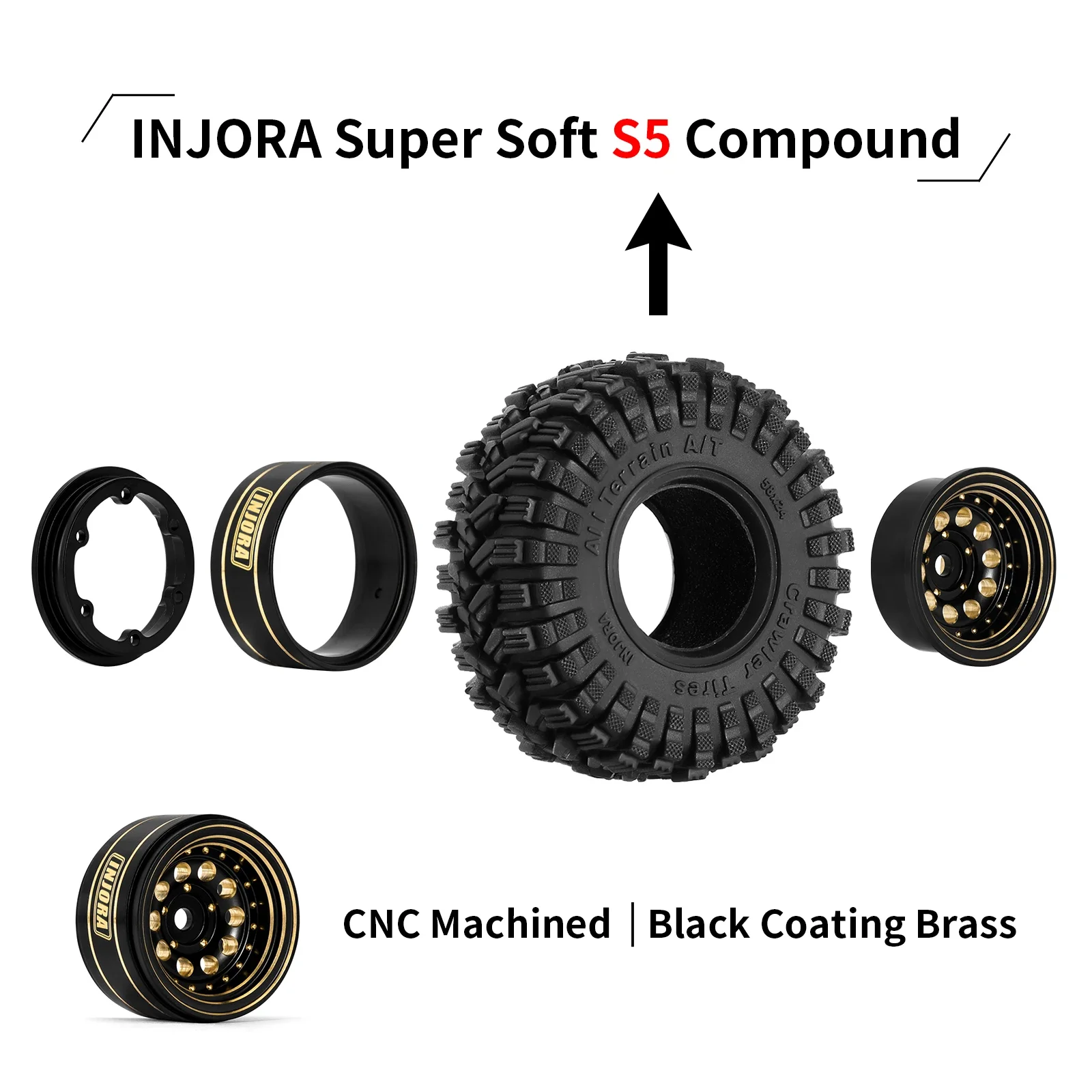 INJORA-Juego de neumáticos de rueda Beadlock de latón con revestimiento negro, 1,0 ", para coche trepador de control remoto Axial SCX24 AX24 TRX4M FCX24 1/18