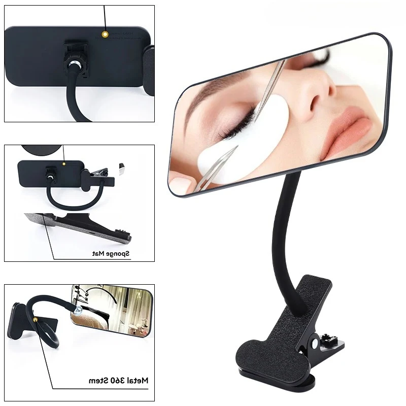 360 °   Espejo Giratorio con Clip para Pestañas - Herramienta de Maquillaje Profesional Ajustable con Marco Protector, Esencial para Extensiones de Pestañas con Manos Libres