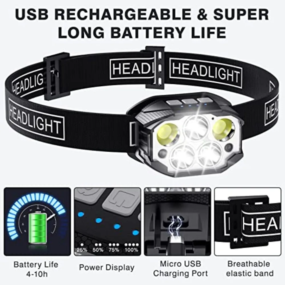 Linterna frontal Led recargable de 1200 lúmenes con Sensor de movimiento, linternas de cabeza impermeables para acampar al aire libre, lámpara de cabeza para pesca