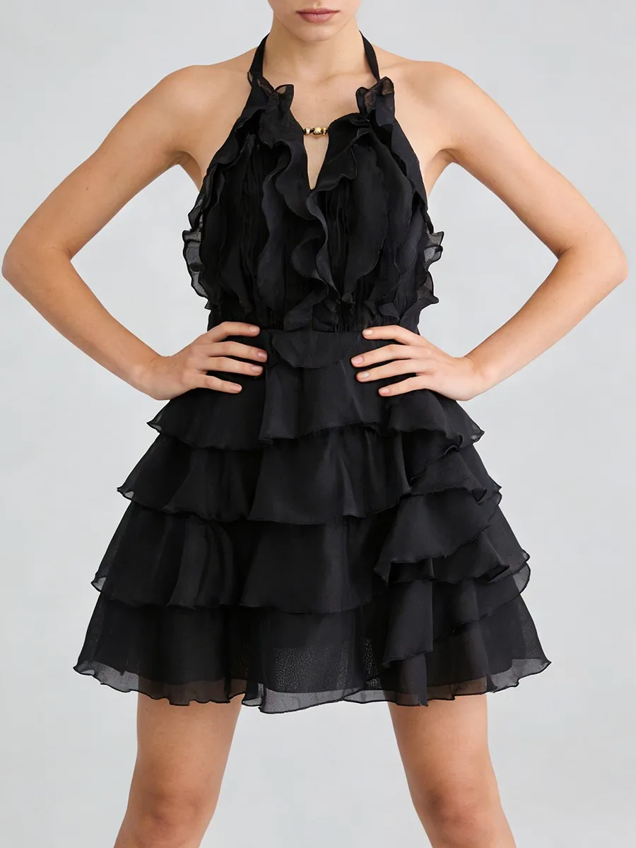Vestidos Mini con Volantes y Corte Entallado de Moda TWOTWINSTYLE para Mujer, Cuello Redondo, Sin Mangas, Cintura Alta, Vestido Casual Femenino Nuevo