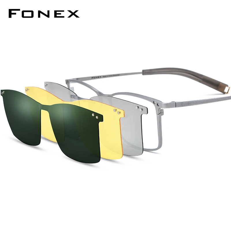 Montura de gafas FONEX de titanio para hombre, gafas cuadradas con Clip magnético con visión nocturna 3D y lentes polarizadas, gafas japonesas 85760