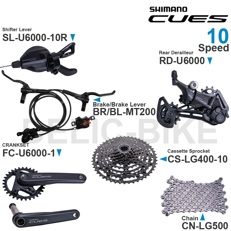 SHIMANO-CUES U6000 Groupset, SL-U6000-10R, RD-U6000, FC-U6000-1, CS-LG300, CS-LG400, MT200, freno de disco, piezas originales