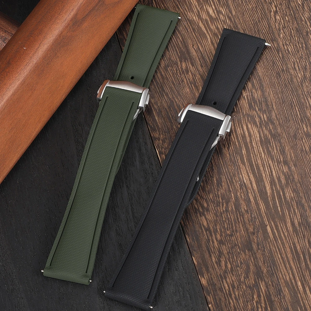 Correa de reloj de caucho FKM de 18mm, 19mm, 20mm, 21mm, 22mm con hebilla desplegable de liberación rápida, tipo lona, impermeable