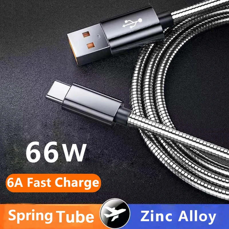 Cable de datos de carga tipo C de 66W, 6A, resorte de Metal trenzado para Xiaomi 12Pro K60 Samsung S6 S7 Huawei P40 P60, Cable USB C para teléfono Android