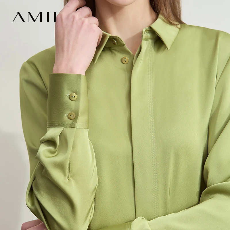 Amii Top minimalista para mujer, camisa de color liso, satén ligero y suave, estilo adelgazante para el lugar de trabajo, camisa francesa para mujer 12521085
