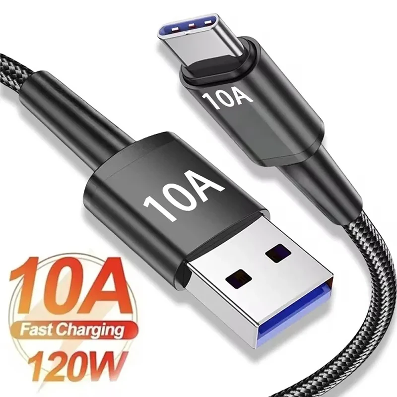 Cable de carga súper rápida de 10A y 120W, cable de transferencia de datos de alta velocidad USB A a Tipo C, cable trenzado para teléfono, cable de carga rápida.