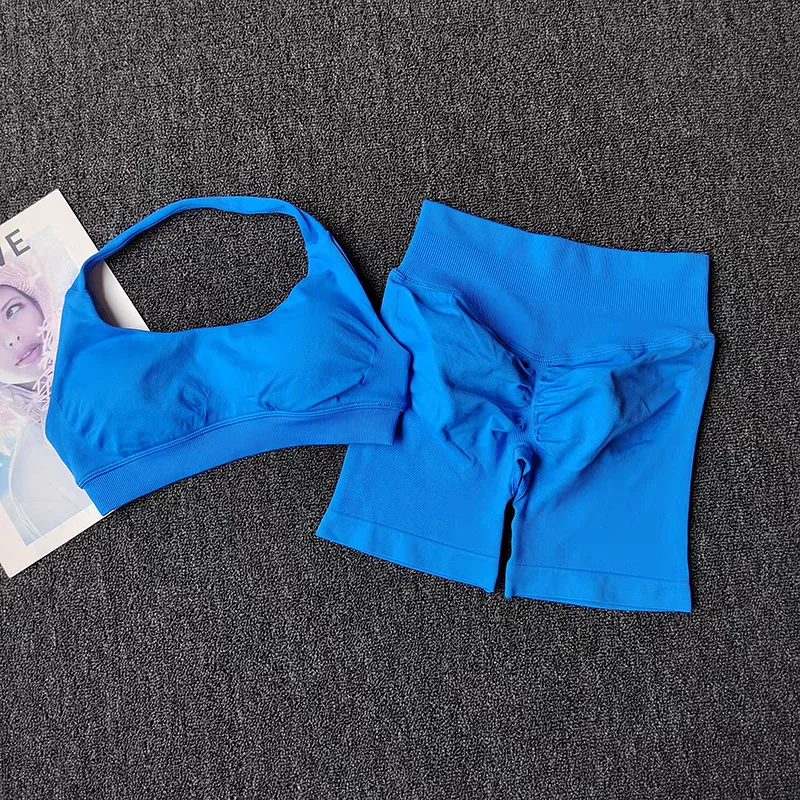 Conjunto de Yoga de 2 Piezas para Mujer, Ropa Deportiva sin Costuras para Gimnasio, Sujetador Deportivo Halter con Shorts a Juego, Conjuntos de Entrenamiento