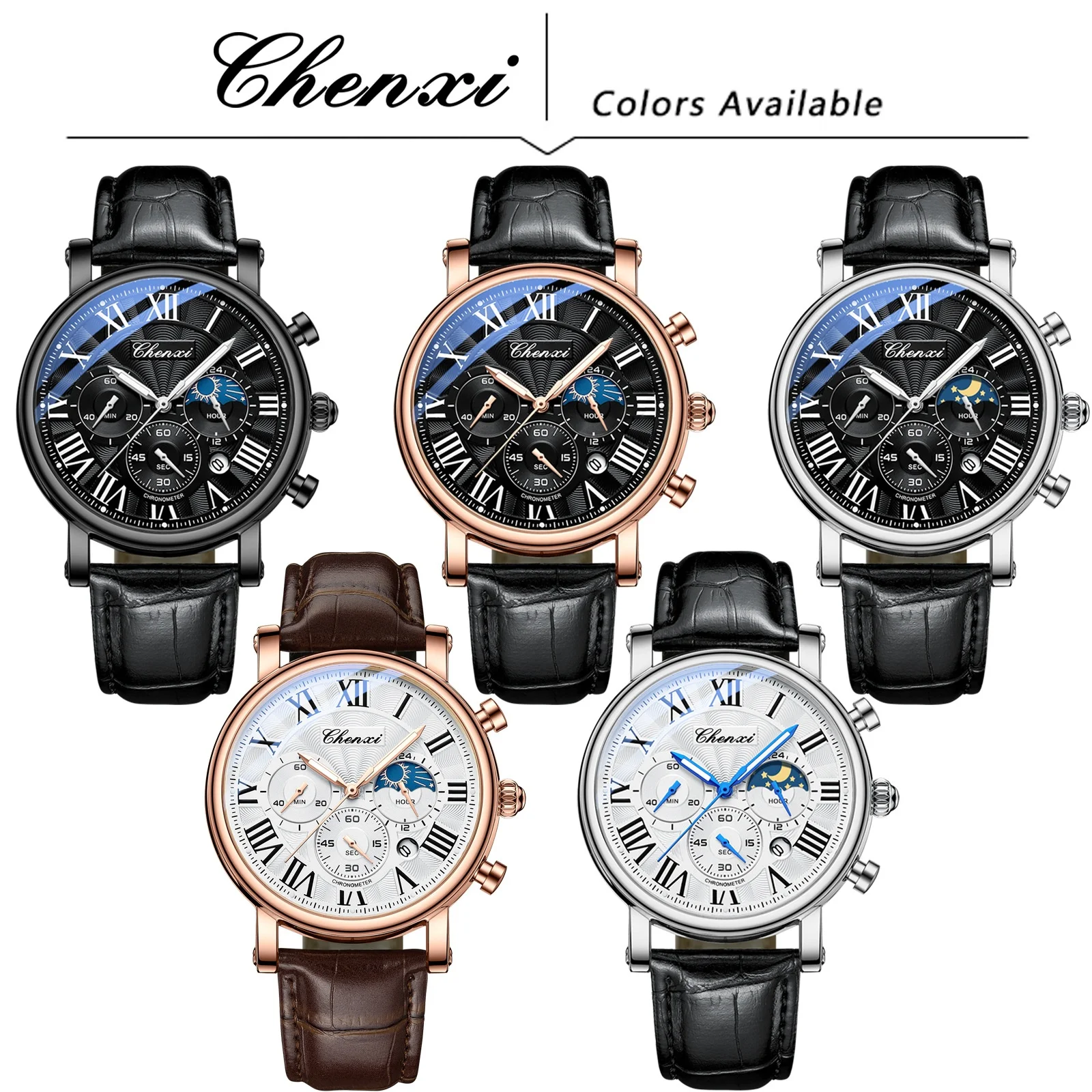 CHENXI 973 Reloj de cuarzo para hombre, moda de negocios, fase lunar, fecha, cronógrafo multifuncional, reloj de pulsera con correa de cuero