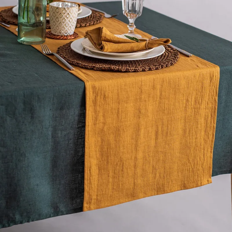 Camino de mesa de lavado de piedra 100% de lino francés, camino de mesa de té de Color puro personalizado de lujo, accesorios de decoración de mesa de comedor occidental