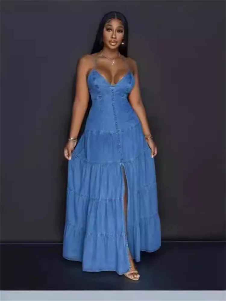 Wmstar vestidos vaqueros para mujer 2025 elegante nuevo dulce Sexy cuello en V profundo Halter vendaje cinturón vestido largo venta al por mayor Dropshipping