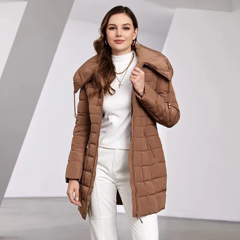 Astrid 2023 Nueva Chaqueta de Invierno para Mujer con Capucha y Cinturón, Parka Larga Acolchada Cálida, Abrigo Acolchado a Cuadros, Chaqueta de Plumón Gruesa para Nieve