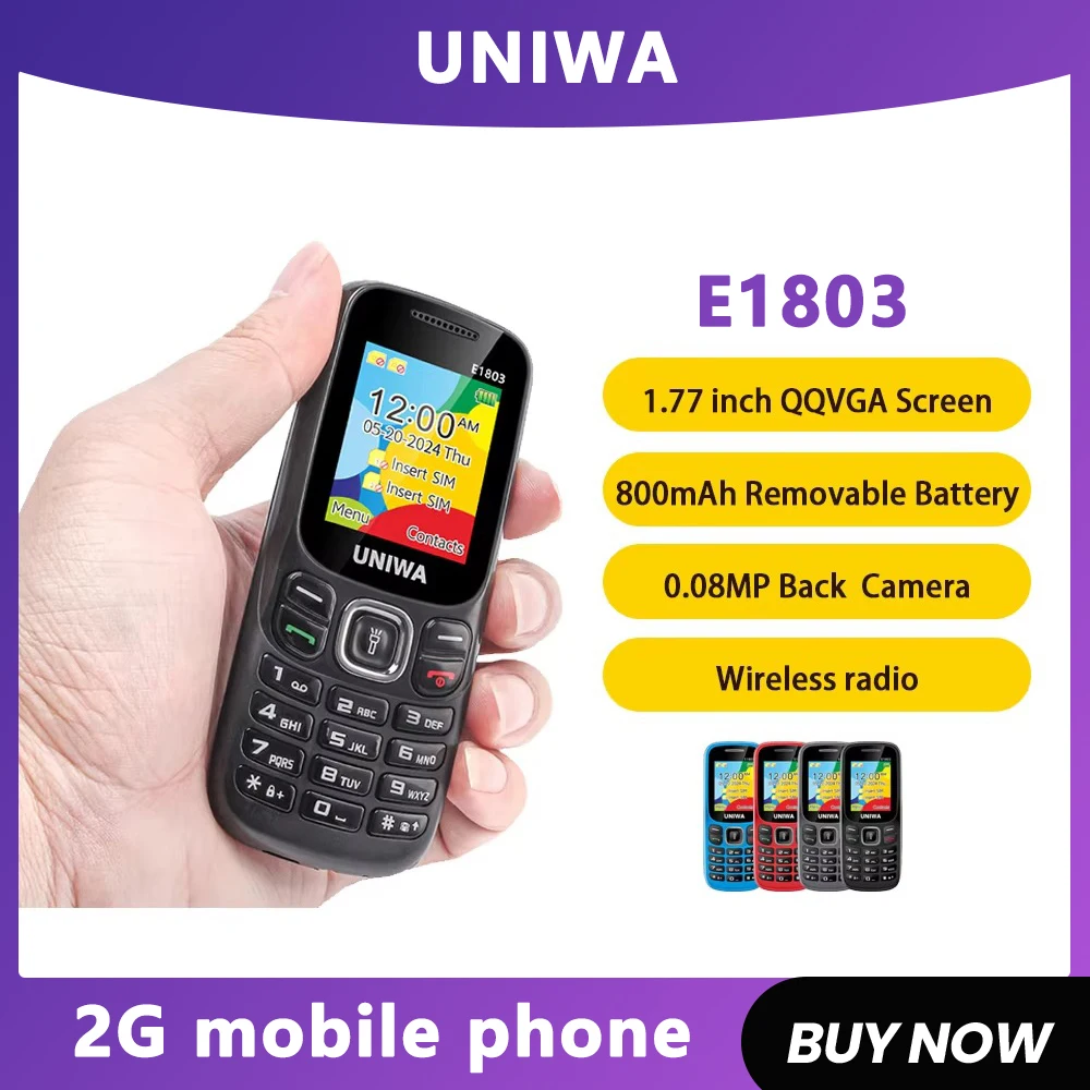 UNIWA E1803 2G teclado teléfono móvil 1,77 pulgadas botón 800mAh teléfono para personas mayores radio inalámbrica GSM teléfono