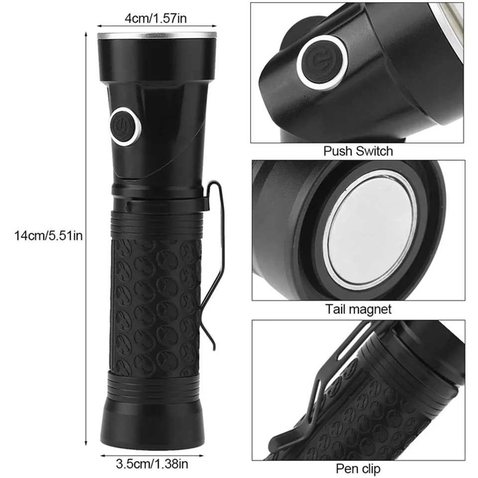 Potente linterna LED T6 + COB, 4 modos, 90 °, luz de trabajo plegable, luz de inspección, linterna táctica con cola magnética para Camping