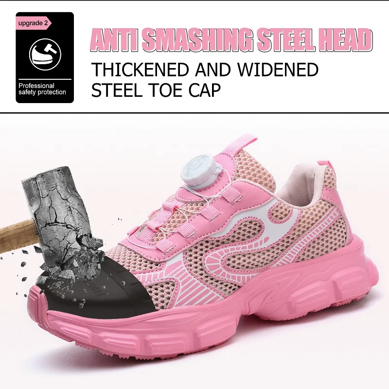Zapatos de seguridad con botón giratorio para mujer, zapatillas de trabajo transpirables, zapatos con punta de acero, zapatos de protección para mujer, zapatos de trabajo a prueba de pinchazos