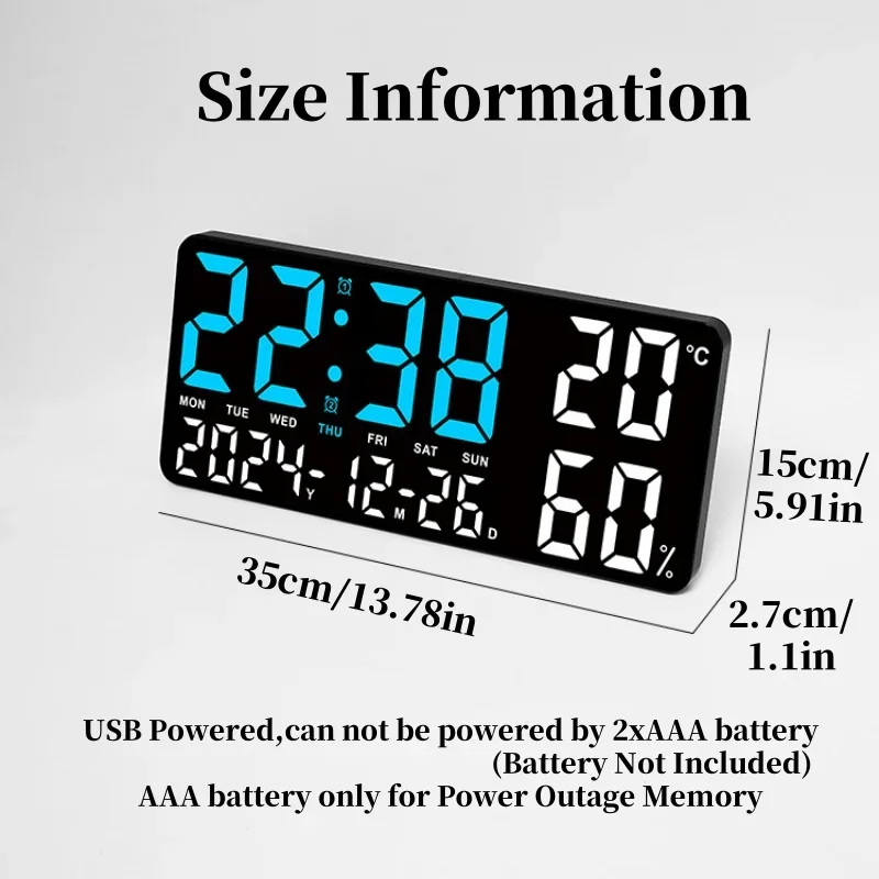 Reloj de pared Digital grande con luz ambiental de 7 colores, 2 alarmas, temperatura, humedad, fecha, reloj de mesa, temporizador de 12/24H, cuenta atrás, despertador LED