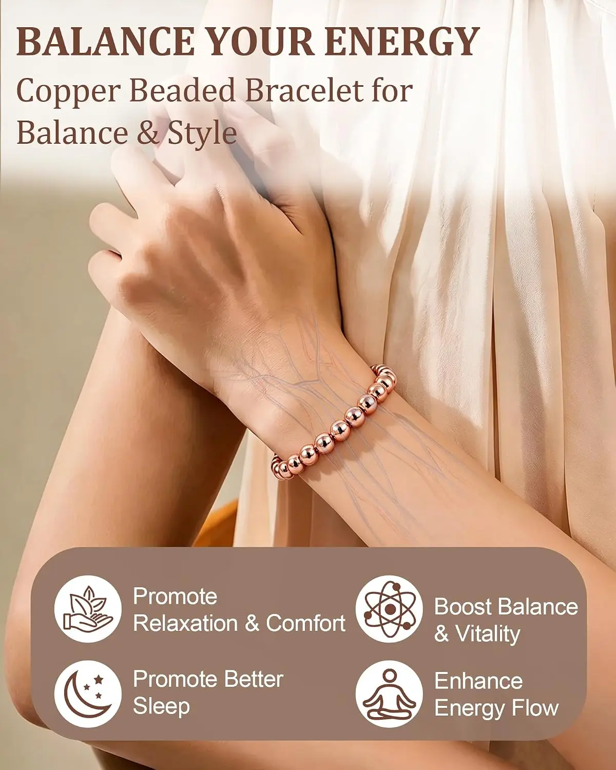 ARADOO Pulsera de cuentas de cobre puro para mujeres y hombres, regalos de joyería