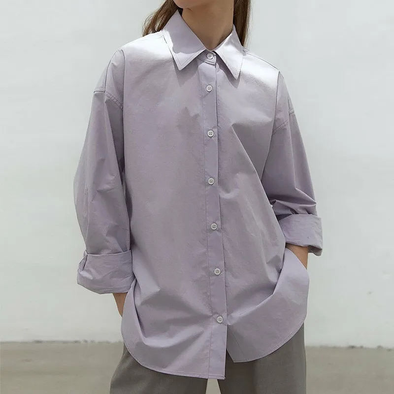Camisa básica holgada de algodón 100% de Color sólido para mujer, cárdigan elegante de oficina para mujer, cárdigan con cuello de solapa, camisas de manga larga 2026