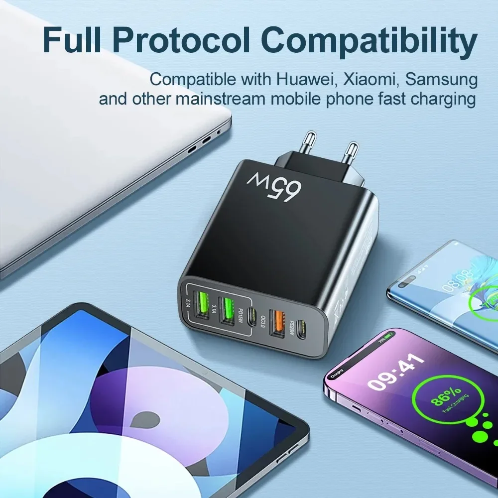 Cargador USB C de 65W y 5 puertos, cargador de teléfono de carga rápida, adaptador de corriente para iPhone, Samsung, Xiaomi, tipo C, cargador de pared de carga rápida