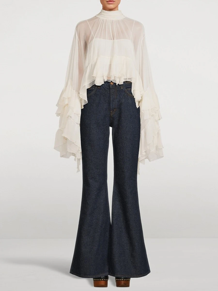 TWOTWINSTYLE, blusas holgadas con volantes empalmados lisos para mujer, camisas minimalistas de temperamento sin mangas con cuello I, moda femenina