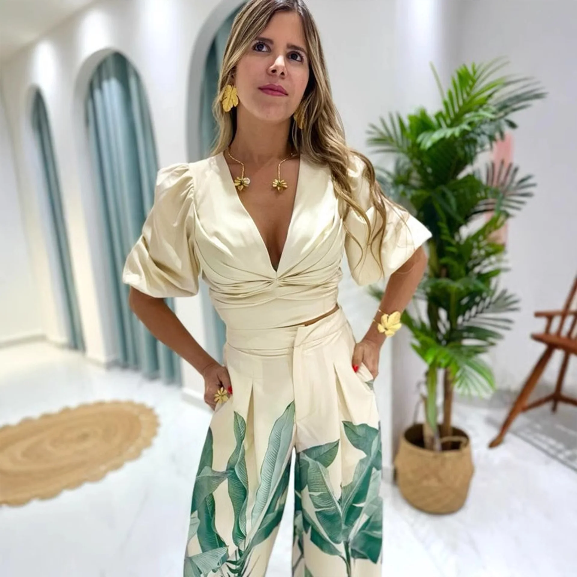 Wmstar, conjunto de dos piezas para mujer, pantalón corto informal de manga estampada con cuello en V, manga acampanada, pantalones largos de pierna ancha, traje al por mayor, triangulación de envíos