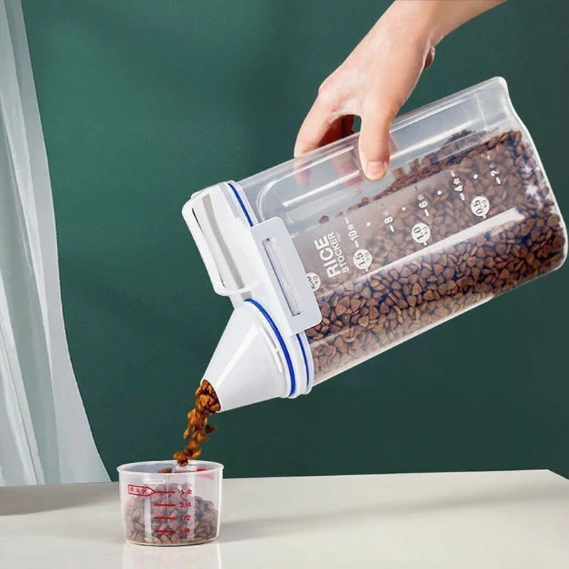 Contenedor de almacenamiento de alimentos para perros y gatos, cubo de plástico con taza medidora hermética a prueba de humedad, suministros para mascotas, tarro de cocina, 1,5 kg/2kg