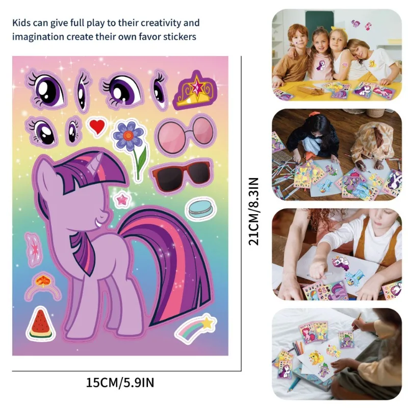 8 hojas de pegatinas de Anime My Little Pony, hacer una cara, montar, divertidas calcomanías DIY, rompecabezas, regalo de cumpleaños para niños y niñas