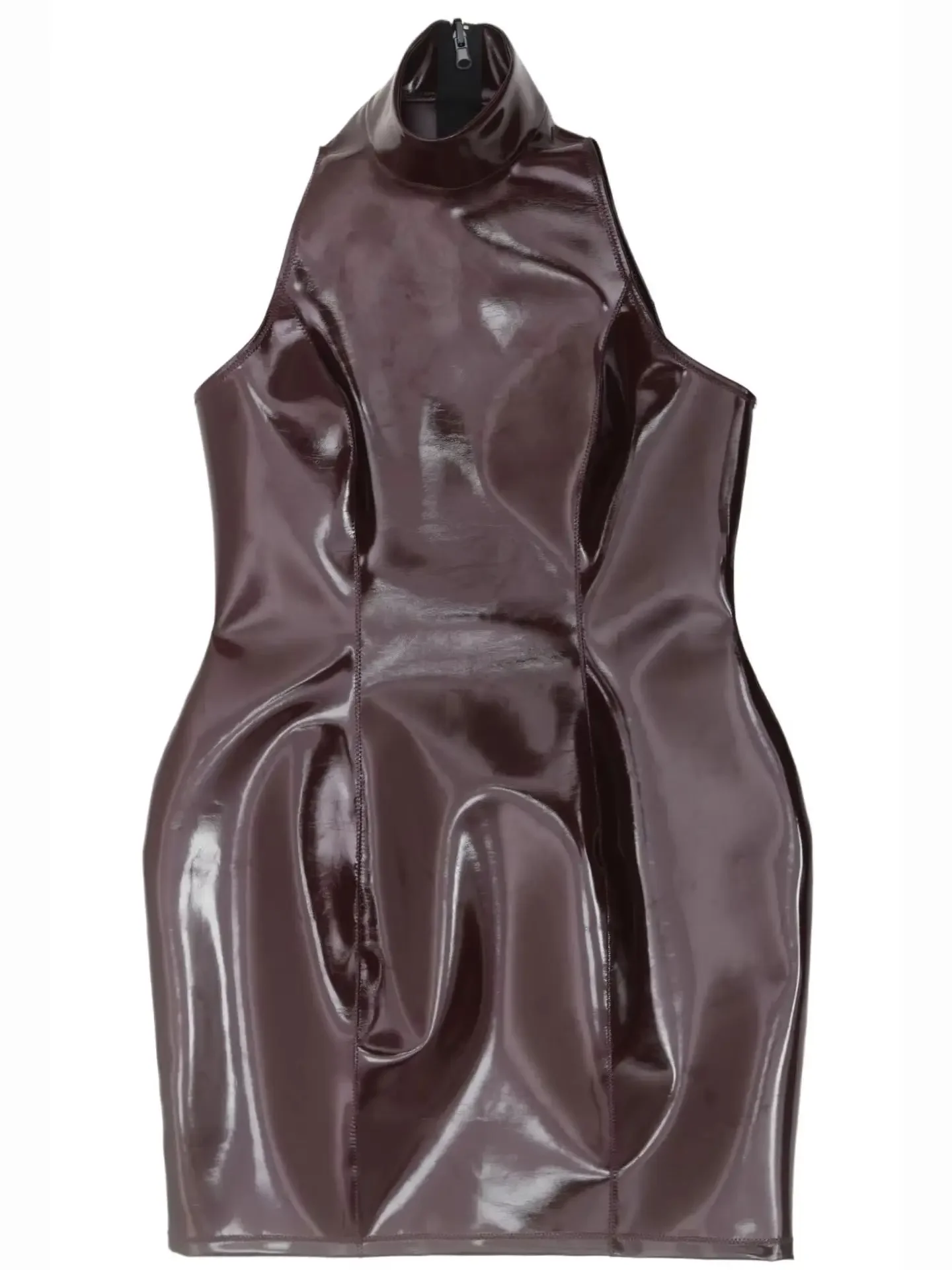 Vestido MINI de cuello alto para mujer Coaplsy, sin mangas, de PU de doble cara, con efecto mojado, de PVC, reversible, ajustado y ceñido a la cadera.