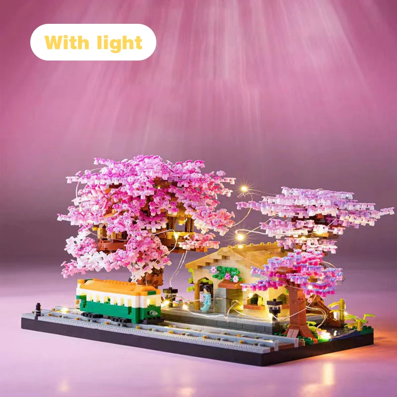 Mini juego de bloques de construcción de árbol Sakura, ladrillos de flor de cerezo artesanal con modelo de casa de árbol ligera, adorno, regalo romántico para novia