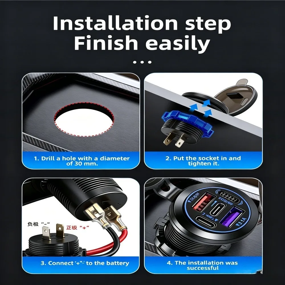 NUEVO Cargador de Coche Integrado de 12V-24V, PD30W QC3.0, 4 Puertos USB C de Carga Rápida, Toma de Corriente Impermeable para Motocicleta, RV, Camión