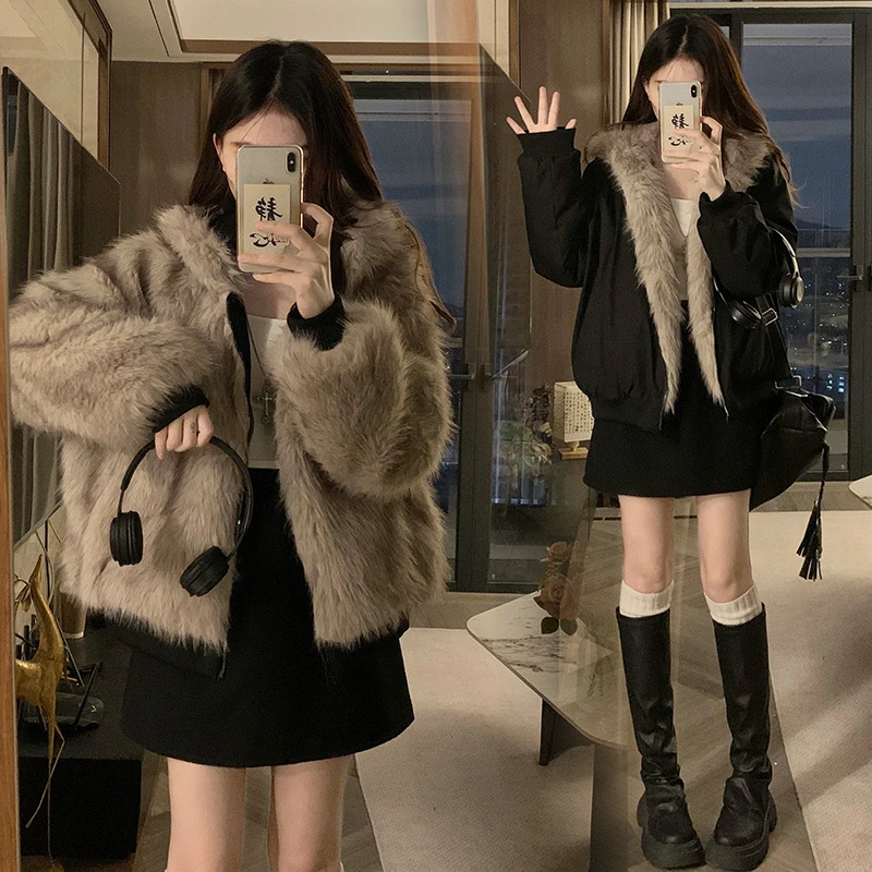 Nuevas chaquetas de invierno a la moda, ropa corta holgada de dos caras para mujer, chaqueta acolchada de algodón con capucha de piel de terciopelo de visón de imitación, abrigos de tendencia