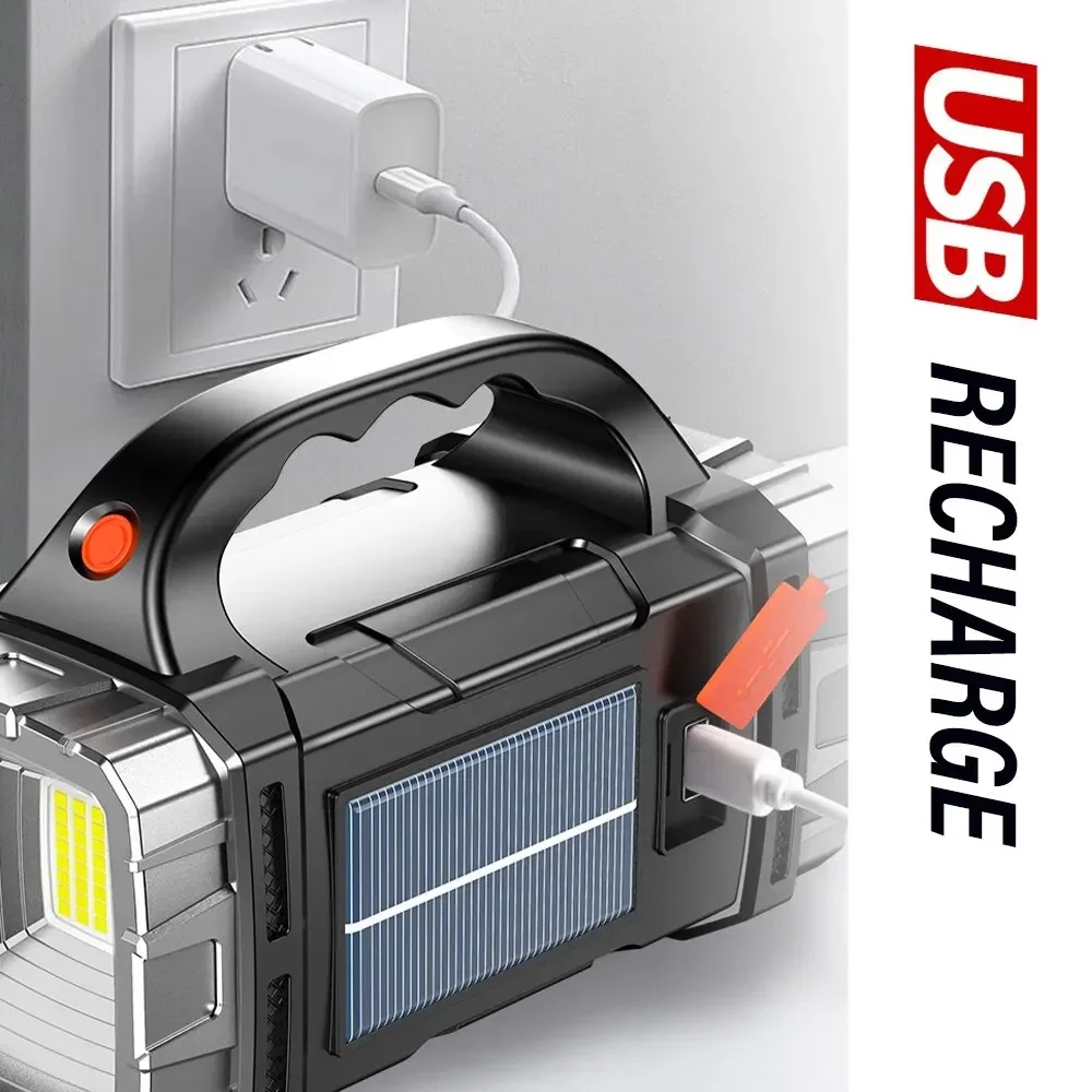 Potente linterna LED 2024 USB + linterna Solar recargable COB para acampar al aire libre reflector portátil banco de energía al aire libre