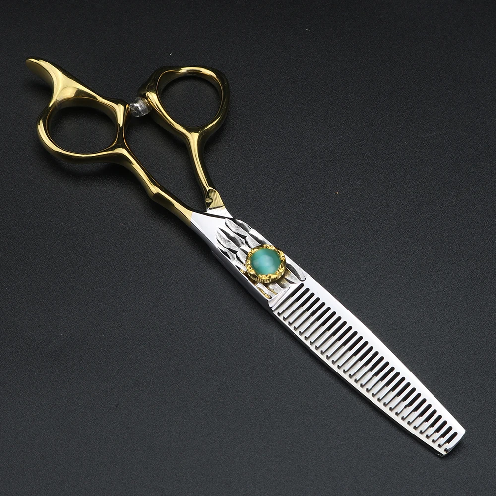 Tijeras para el cabello XUANTENG doradas de 6 pulgadas, tijeras para cortar tornillos de ágata verde y juego de tijeras para adelgazar