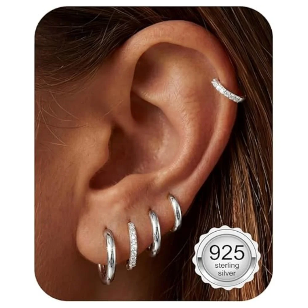 Juego de 5 Pares de Aretes de Aro con Circonita Cúbica Plateados en Plata 925, Aretes de Aro Huggie con Circonita Cúbica Brillante para Cartílago y Hélix, Joyería para Mujer