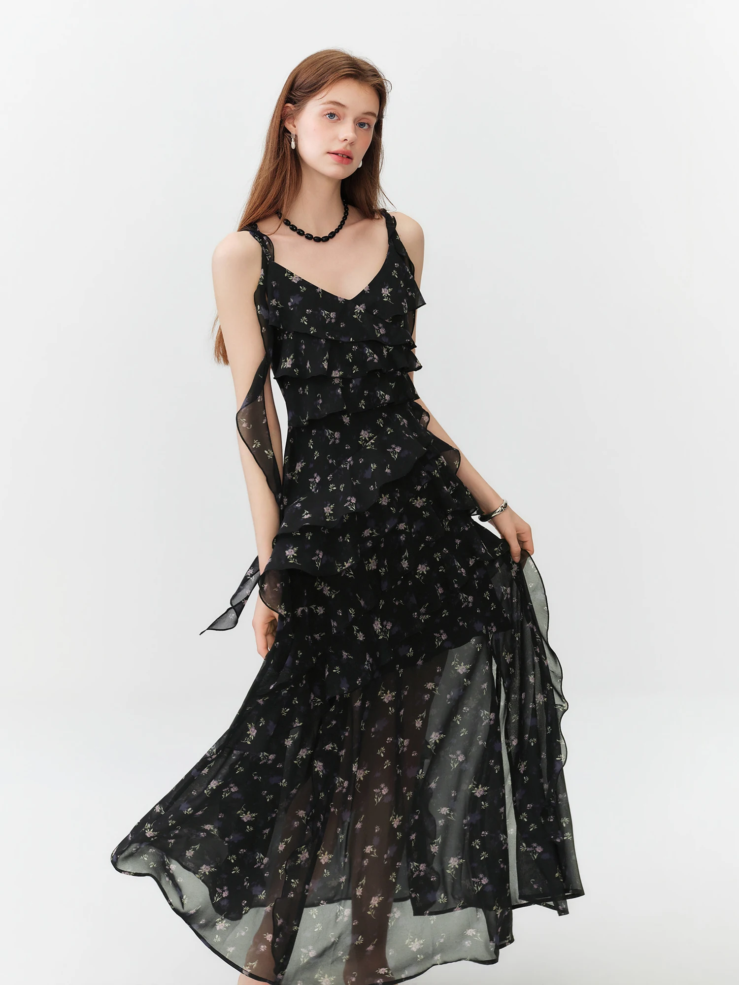 FSLE Vestido largo de verano con estampado floral y volantes para mujer, vestido largo con tirantes ajustables y corte en A, estilo romántico coqueto