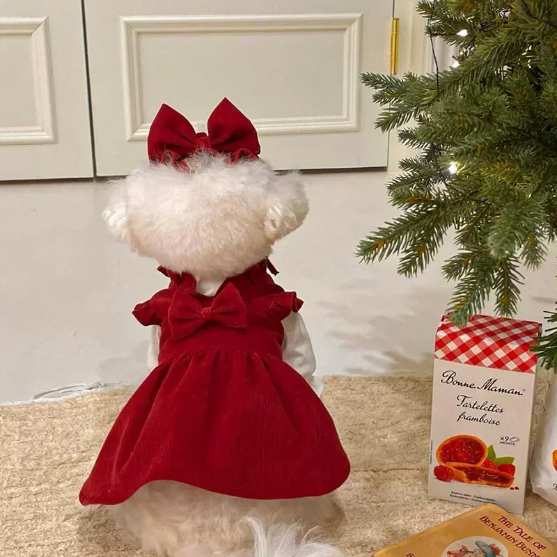 Conjunto de vestido con lazo para cachorro, ropa cálida de invierno para perros, vestido de princesa de Navidad para mascotas, falda de Color sólido de peluche, enviar Clip