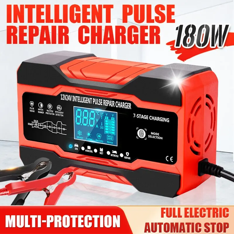 Cargador de batería de coche de 12V-24V, completamente automático, 12V, 10A, cargador de batería de coche Digital, reparación de pulso para AGM GEL, ácido de plomo húmedo