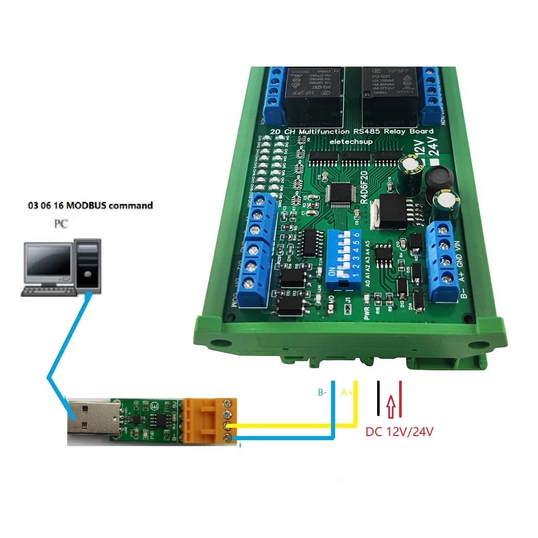 Módulo IO analógico Digital de interruptor RS485 integrado de 20 canales con expansión Modbus RTU PLC UART, lectura de voltaje de 0-10V de corriente de 4-20MA