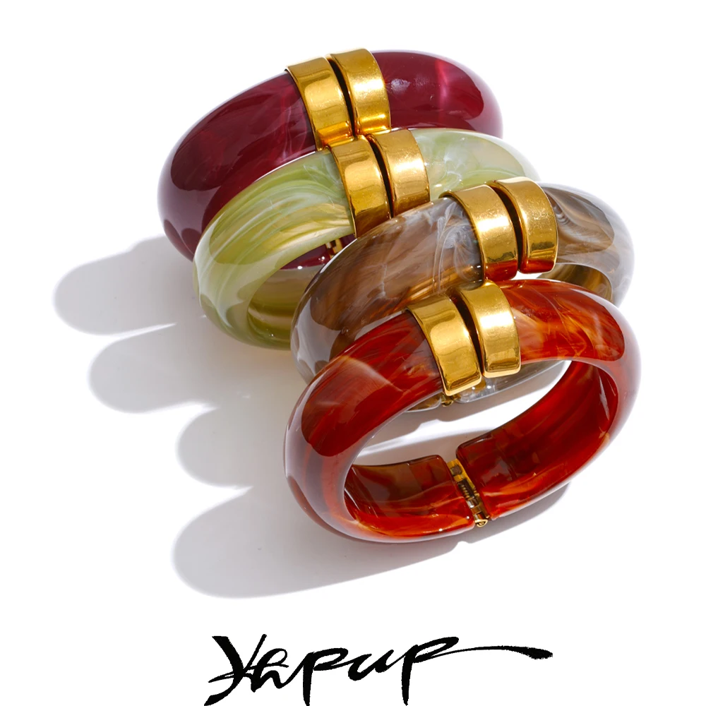 Yhpup 66mm verde rosa marrón púrpura acrílico pulsera gruesa brazalete para mujeres llegadas de acero inoxidable 2025 regalo de joyería de muñeca