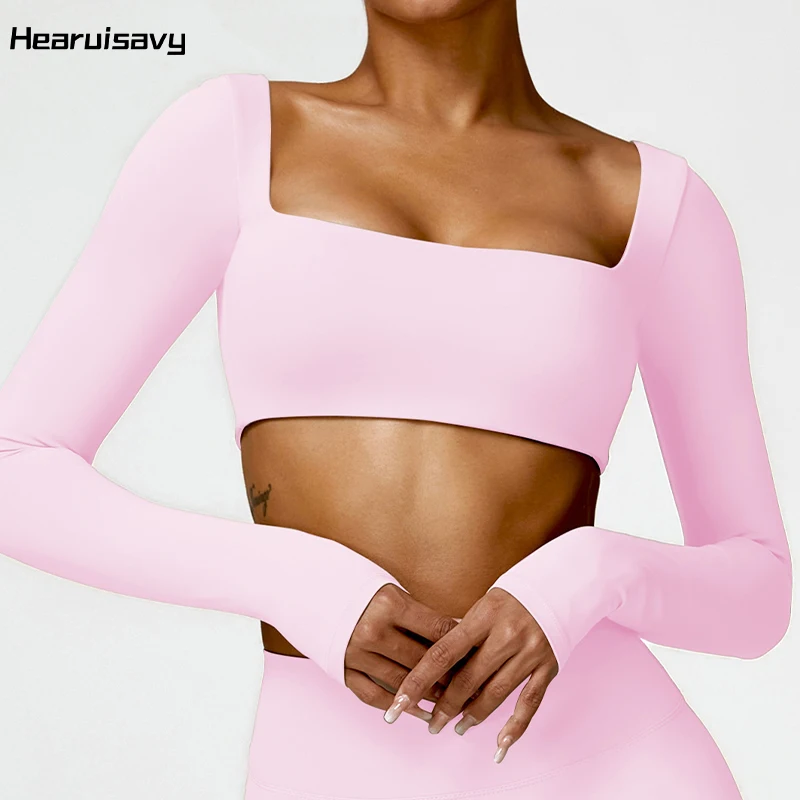 Hearuisavy Ropa Deportiva de Verano de Secado Rápido para Mujer, Top Deportivo con Cuello Cuadrado, Top Corto para Gimnasio, Ropa de Yoga de Manga Larga