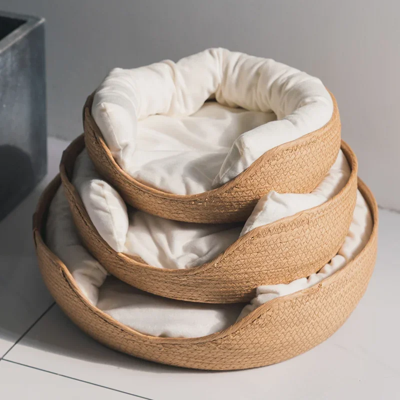 Cesta de ratán para mascotas, colchón de hierba tejida, nido de gato, perrera, tabla de rascar de paja, cama de gato para cachorro y gatito, Universal para todas las estaciones