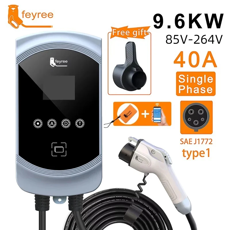 Cargador Feyree EV Tipo 1 EVSE Wallbox 32A 7.6KW 40A 9.6KW 50A 12KW Monofásico Adaptador J1772 Control por APP para Vehículo Eléctrico