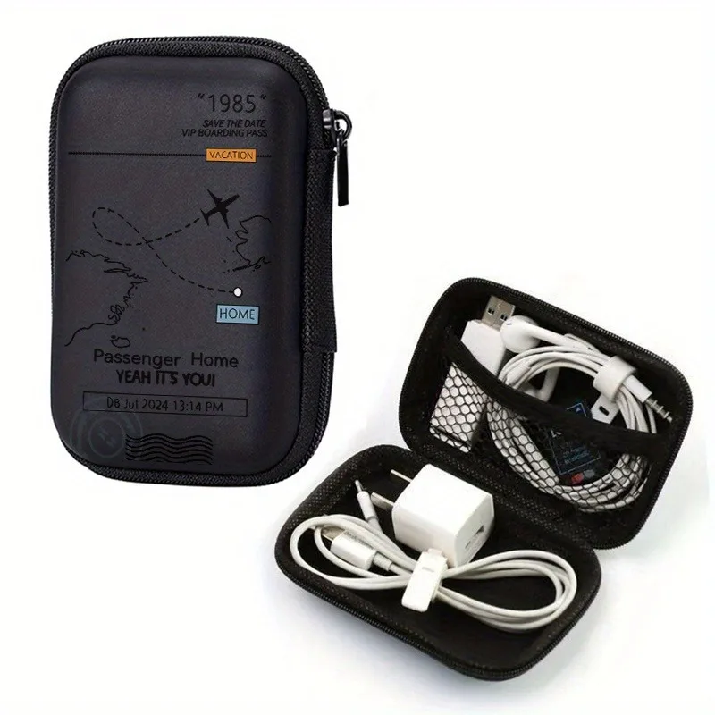 Bolsa de almacenamiento rígida EVA con estampado de rutas de aviones |   Organizador de Viaje con Cierre Anti-caídas para Dispositivos Electrónicos, Auriculares, Discos Duros y Cables