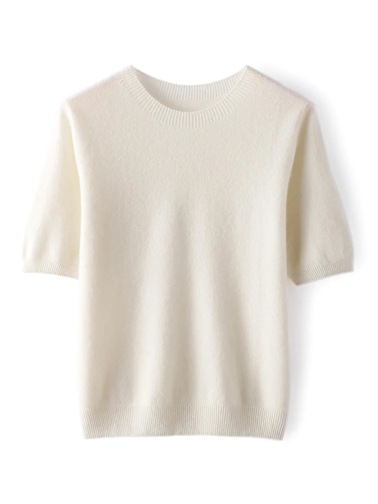 Suéter de cachemira de cabra con cuello redondo para mujer, camiseta, jersey de otoño e invierno, media manga, 100% de punto de Cachemira, Tops sólidos clásicos