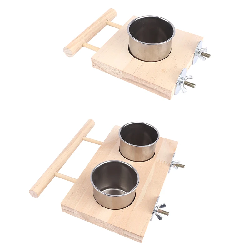 Cuenco de acero inoxidable para pájaros, plato de alimentación, tazas, soporte de percha de madera, jaula para loros, alimentador para pájaros de compañía, cacatúas, Lovebird Conures, 1 ud.