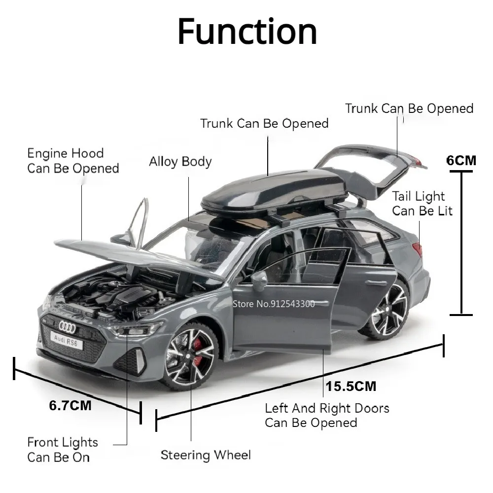 Modelo de coche RS6 de juguete, puertas fundidas de aleación de simulación, sonido abierto, luz, absorción de impacto, modelos de vehículos, adornos, regalos para niños, 1/32